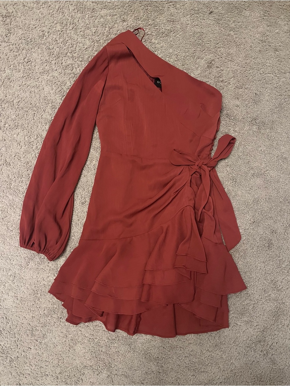 DO+BE One-Shoulder Rust Wrap Mini Dress with Ruffle Tiers